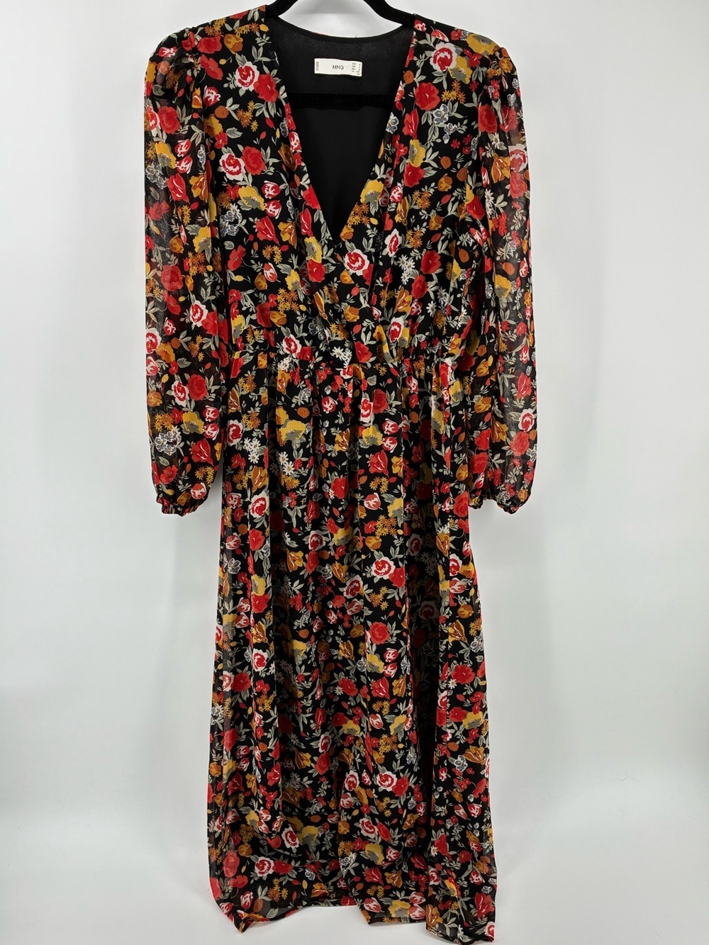 Mango Black Floral Wrap Maxi Dress with Red & Yellow Blooms